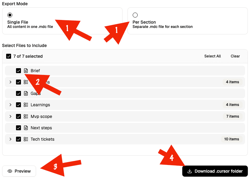Cursor Rules export UI showing export mode selection, file selection, preview, and download actions