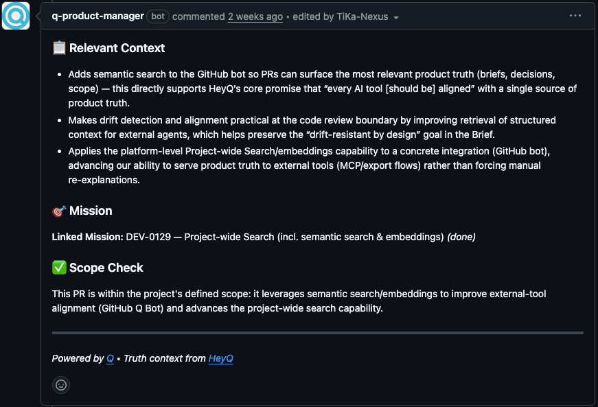 Example GitHub pull request comment from Q Product Manager