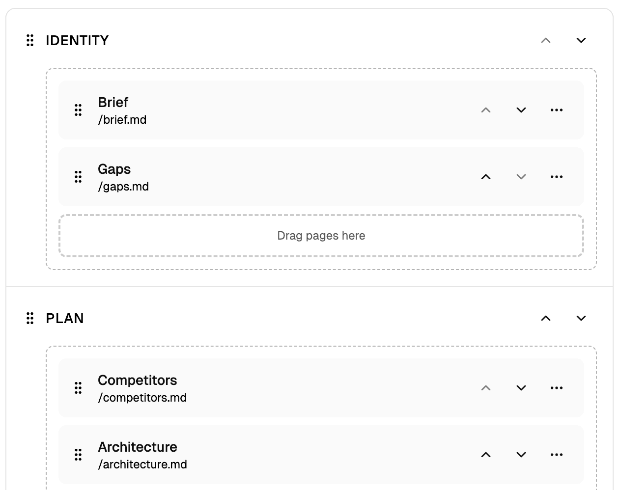 The Page Manager showing pages organized by category with drag handles