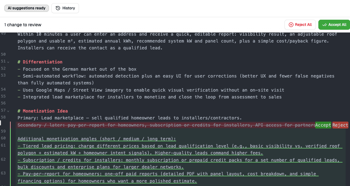 AI proposal review interface showing inline diffs with accept/reject buttons