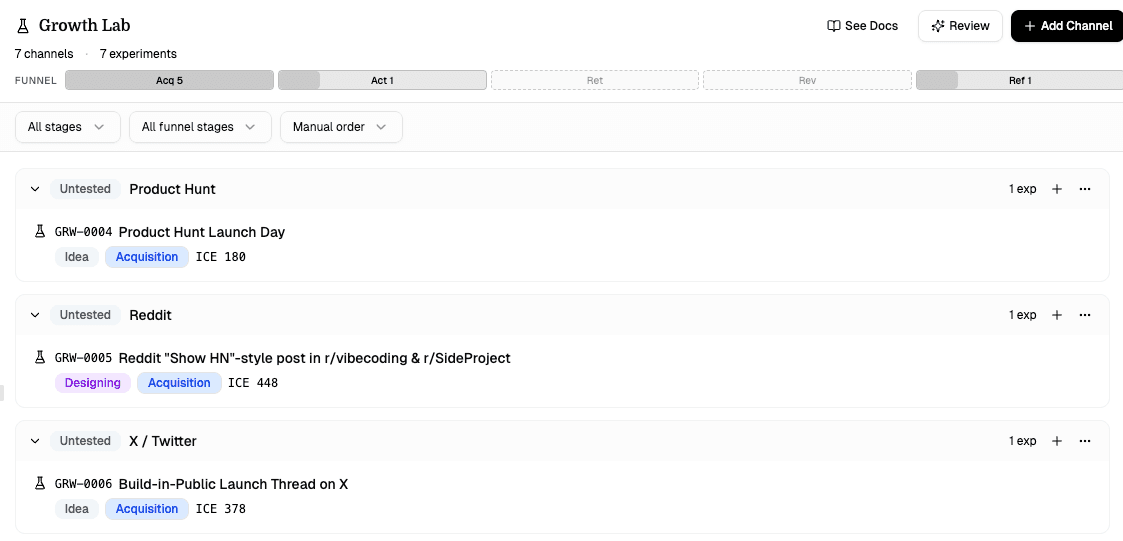 Screenshot of the Growth Lab board overview
