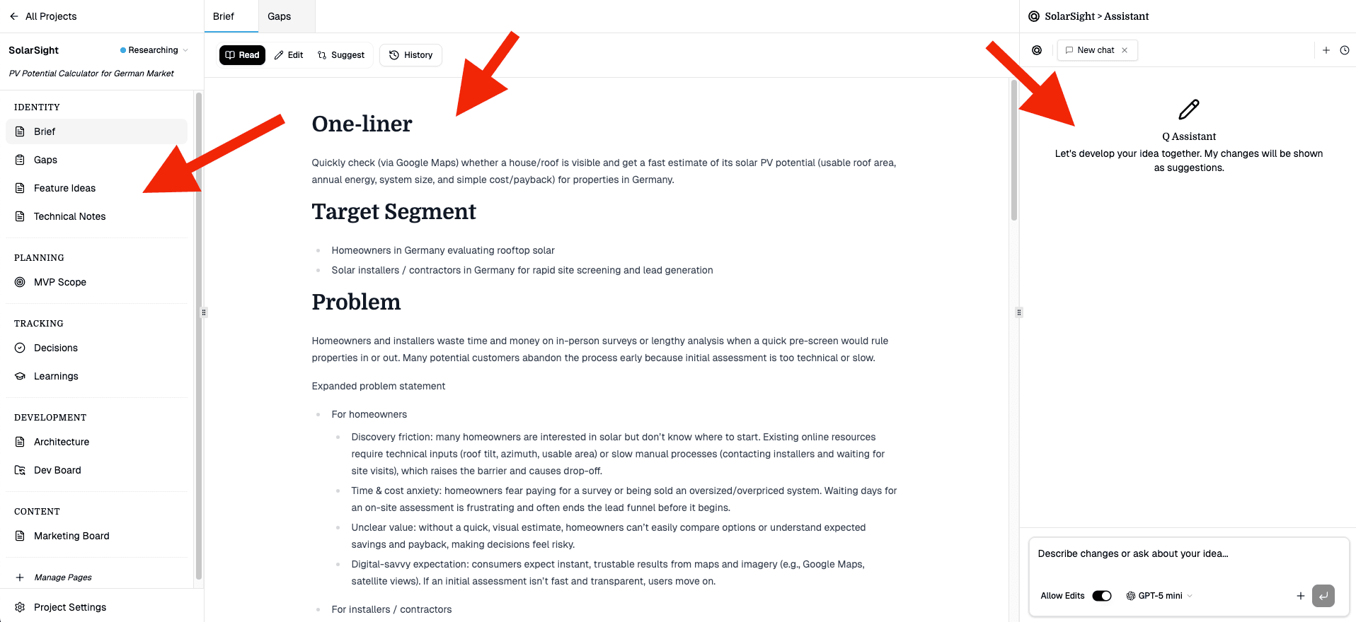 The Project Container showing file tree, content area, and AI sidebar