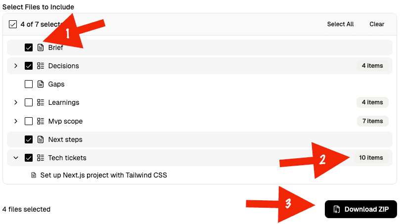Raw file export UI showing file selection, mission board item counts, and the Download ZIP button